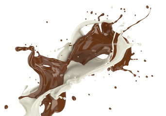 Milk and chocolate streams splashing in white space.