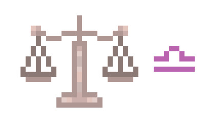 Libra Zodiac sign icon, 8 bit pixel art silver scales isolated on white background. Astrological symbol. Esoteric science logo. Horoscope emblem.