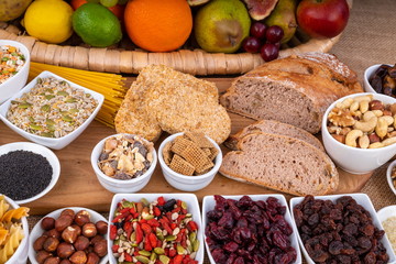 High Fibre Healthy Foods, Variety of High Fibre healthy Superfoods fruit and foods.
