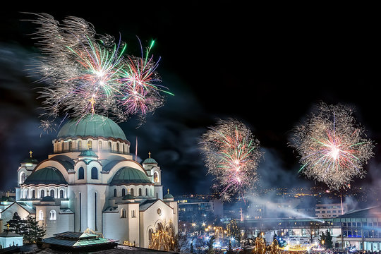 Belgrade, Serbia - January 14, 2019: Orthodox New years eve celebration with fireworks over the Church of Saint Sava at midnight in Belgrade, Serbia