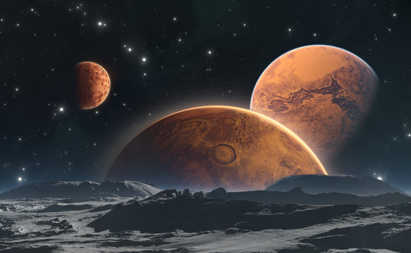 Fototapeta Rocky planets and moon, space background