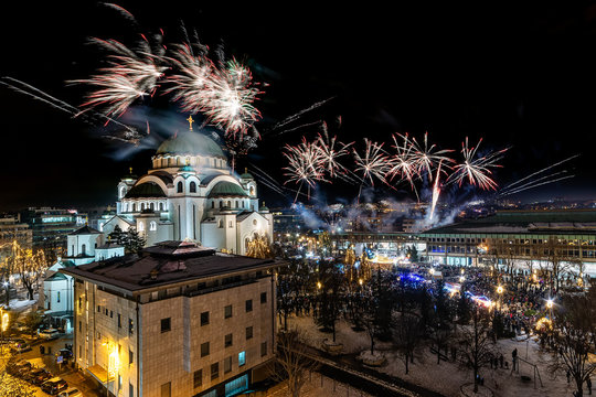 Belgrade, Serbia - January 14, 2019: Orthodox New years eve celebration with fireworks over the Church of Saint Sava at midnight in Belgrade, Serbia