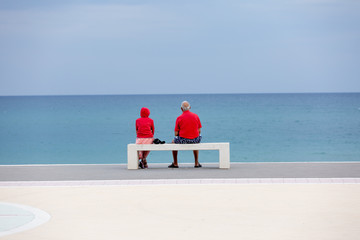 Two elderly people in red clothes are watching to blue sea. Back view