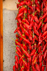 Bunches of red pepper hand on stones wall