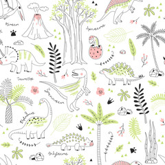 Childish seamless pattern with hand drawn dino in scandinavian style. Creative vector kid-like background for fabric, textile, apparel and more