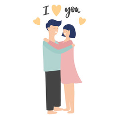 Valentine's day and wedding background with couple and text. I love you text. Hugging happy women and man. Vector illustration
