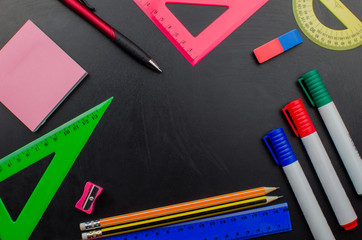 School office supplies including board. Copy space for text