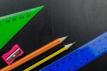 School office supplies including board. Copy space for text