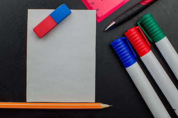 School office supplies including board. Copy space for text