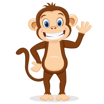 Monkey smiles and waves his paw on a white background.