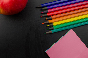 School office supplies including board. Copy space for text