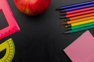 School office supplies including board. Copy space for text