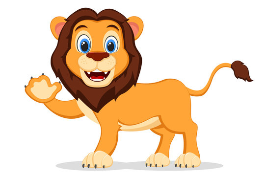 Wild lion smiling and waving his paw on a white. Cartoon character