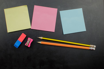 School office supplies including board. Copy space for text