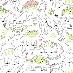 Childish seamless pattern with hand drawn dino in scandinavian style. Creative vector kid-like background for fabric, textile, apparel and more