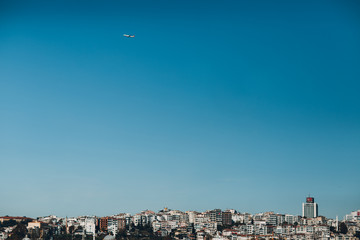 Airplane in flight over Istanbul.