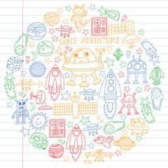 Vector set of space elements icons in doodle style. Painted, colorful, pictures on a piece of linear paper on white background.