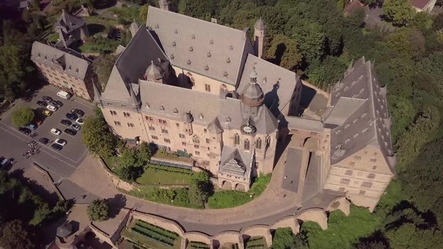 Beautiful Aerial View Marburg Medieval Castle Germany Camera Hovering Over Wide Shot
