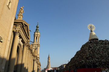 The Pilar Cathedral (Catedral del Pilar) with the flowers offering hill and relic in the Pilar Square (Plaza del Pilar) during Pilar 2018 festival