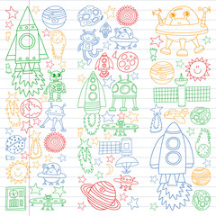 Vector set of space elements icons in doodle style. Painted, colorful, pictures on a piece of linear paper on white background.