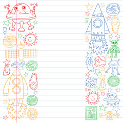 Vector set of space elements icons in doodle style. Painted, colorful, pictures on a piece of linear paper on white background.