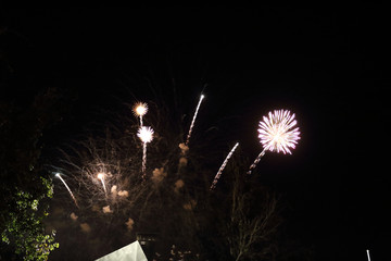 The sparkling and bright fireworks during the 2017 Pilar festival against a dark sky in Zaragoza, Aragon region, Spain