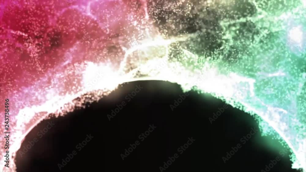 Poster colorful, bright rotating 3d arc with many white particles moving in a spiral, seamless loop. beauti