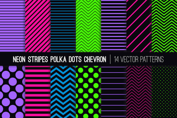 Glowing Neon Vector Patterns in Polka Dots, Chevron and Stripes. Fluorescent Lime Green, Pink, Blue and Purple Geometric Prints. Glow in the Dark Backgrounds. Pattern Tile Swatches Included.