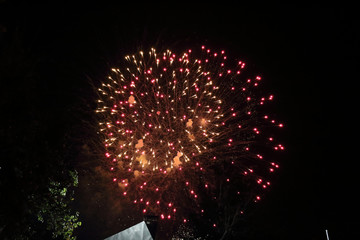 The sparkling and bright fireworks during the 2017 Pilar festival against a dark sky in Zaragoza,...