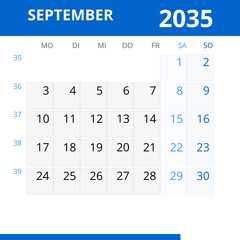 Monatskalender SEPTEMBER 2035 mit Kalenderwoche in der Farbe blau
