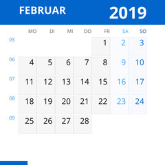 Monatskalender FEBRUAR 2019 mit Kalenderwoche in der Farbe blau