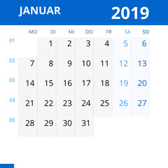 Monatskalender JANUAR 2019 mit Kalenderwoche in der Farbe blau