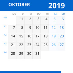 Monatskalender OKTOBER 2019 mit Kalenderwoche in der Farbe blau