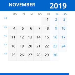 Monatskalender NOVEMBER 2019 mit Kalenderwoche in der Farbe blau