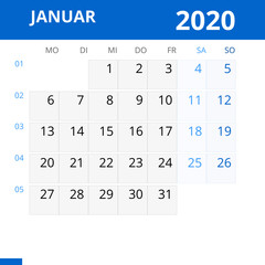 Monatskalender JANUAR 2020 mit Kalenderwoche in der Farbe blau