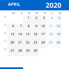 Monatskalender APRIL 2020 mit Kalenderwoche in der Farbe blau