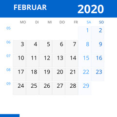 Monatskalender FEBRUAR 2020 mit Kalenderwoche in der Farbe blau