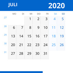 Monatskalender JULI 2020 mit Kalenderwoche in der Farbe blau