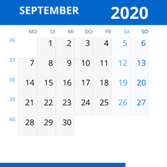Monatskalender SEPTEMBER 2020 mit Kalenderwoche in der Farbe blau