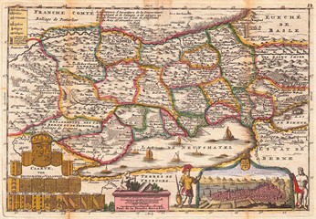 1747, La Feuille Map of Neuchâtel, Switzerland