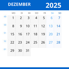 Monatskalender DEZEMBER 2025 mit Kalenderwoche in der Farbe blau