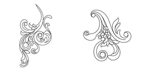 Set of black vintage baroque ornament, corner. Retro pattern antique style acanthus.