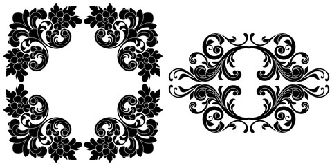 Set of black vintage baroque ornament, corner. Retro pattern antique style acanthus.