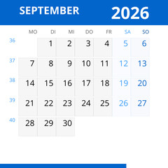 Monatskalender SEPTEMBER 2026 mit Kalenderwoche in der Farbe blau