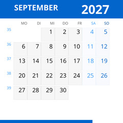 Monatskalender SEPTEMBER 2027 mit Kalenderwoche in der Farbe blau