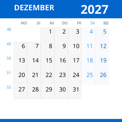 Monatskalender DEZEMBER 2027 mit Kalenderwoche in der Farbe blau