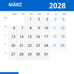 Monatskalender MÄRZ 2028 mit Kalenderwoche in der Farbe blau