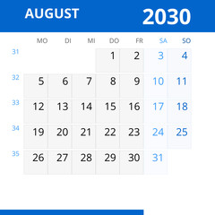 Monatskalender AUGUST 2030 mit Kalenderwoche in der Farbe blau