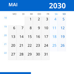 Monatskalender MAI 2030 mit Kalenderwoche in der Farbe blau