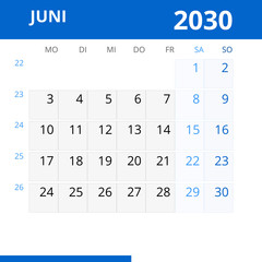 Monatskalender JUNI 2030 mit Kalenderwoche in der Farbe blau